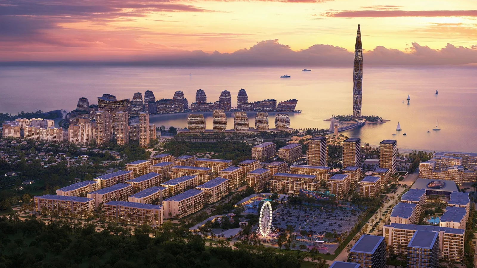 Sea Breeze Baku resort city on the Caspian coast at sunset