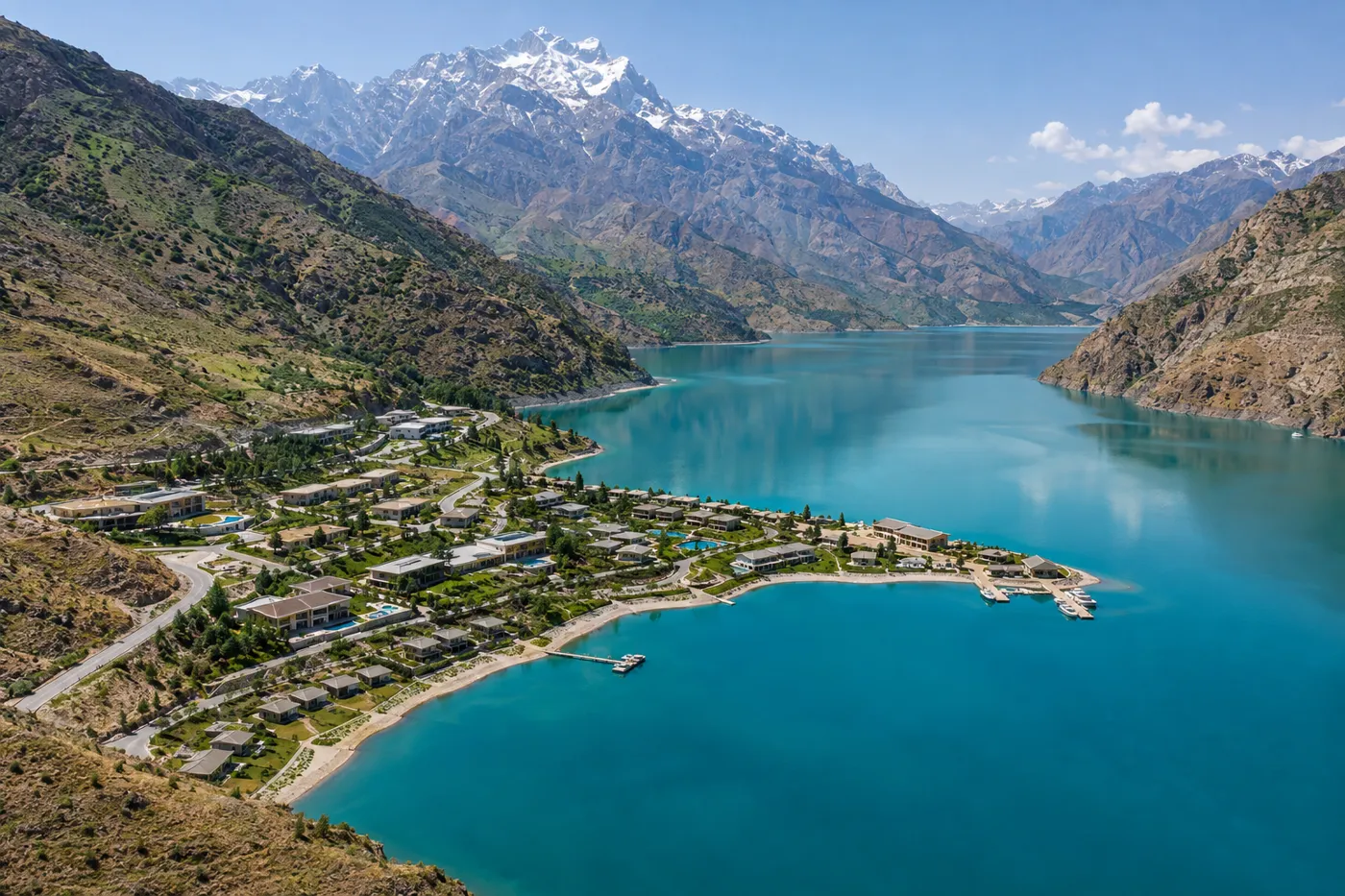 Turquoise Charvak reservoir in the mountains with a lakeside resort along the shore