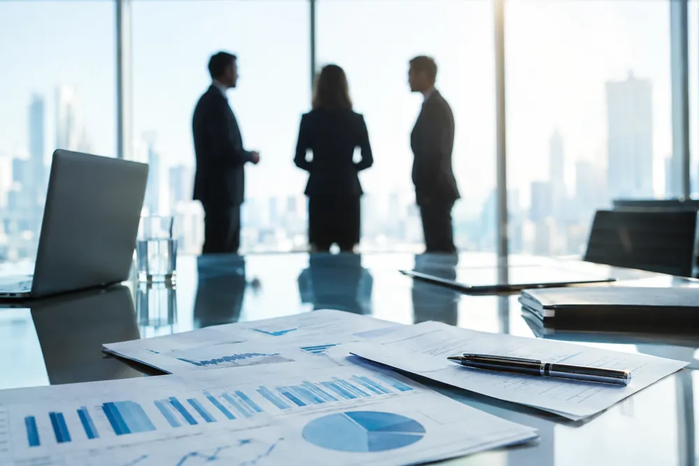 Executives in a boardroom reviewing financial documents