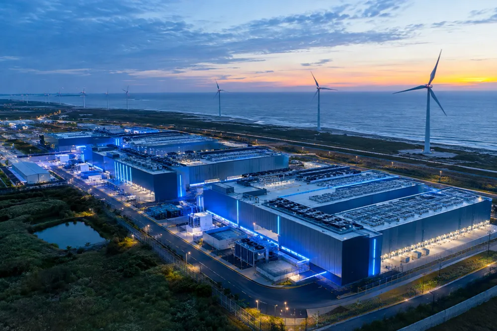 Data center campus next to coastal wind turbines