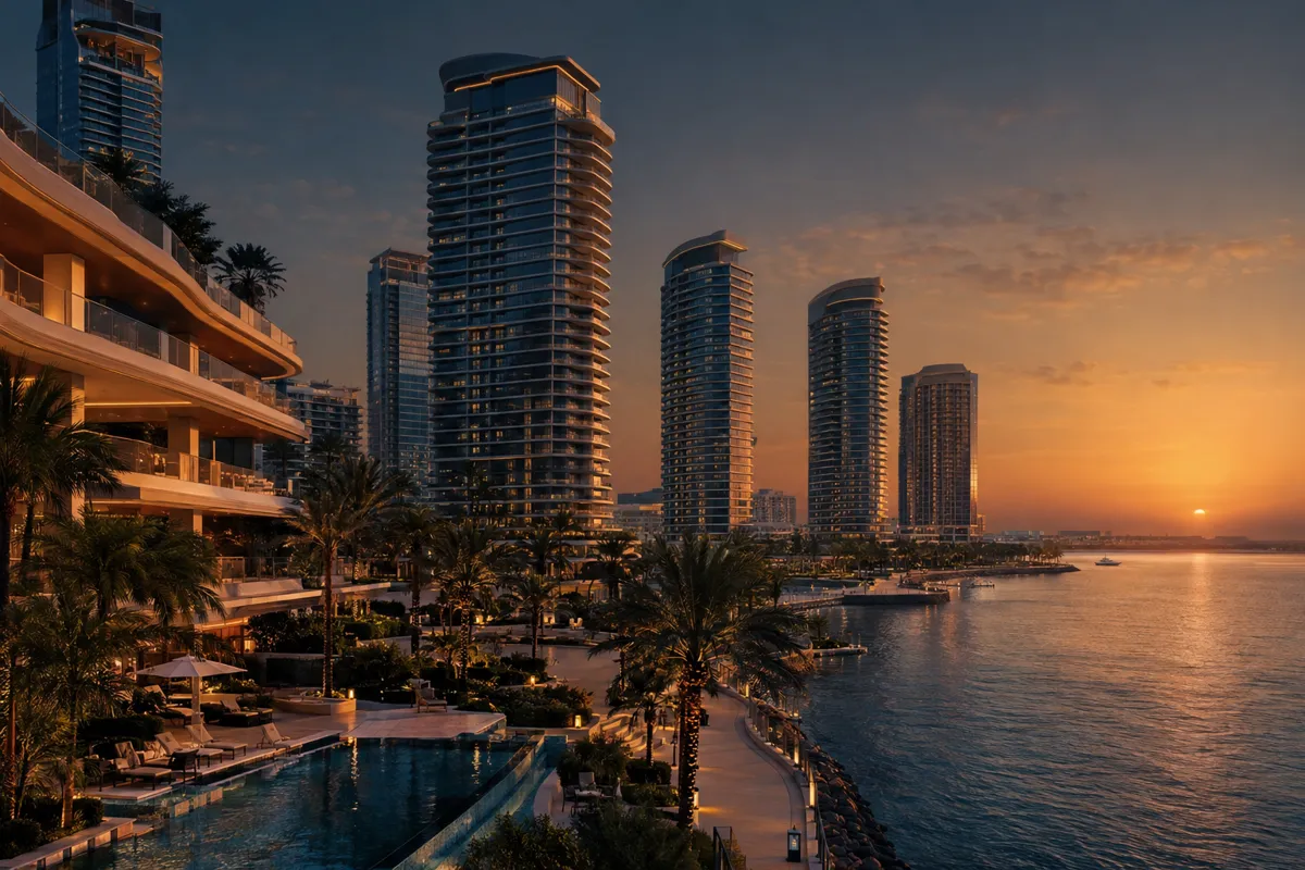Waterfront residential towers at sunset