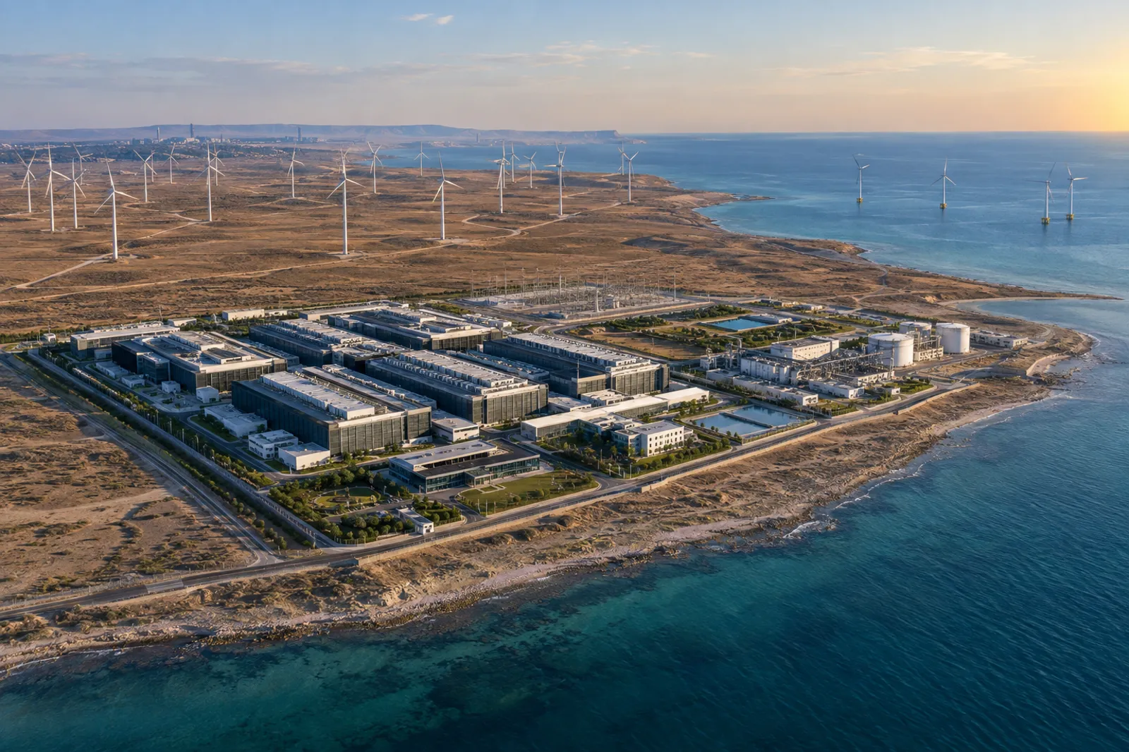 AI data-centre campus on the Caspian coast with onshore wind farm and nearshore offshore wind turbines