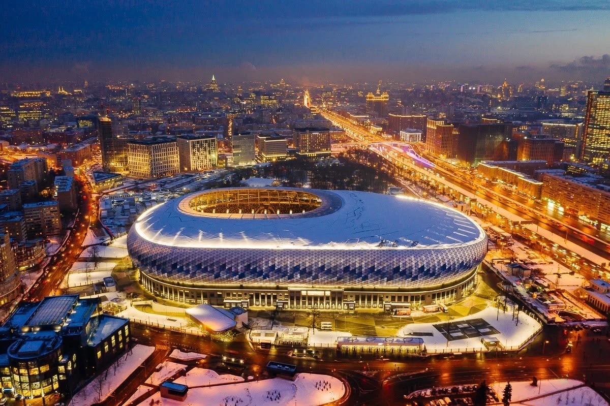 VTB Arena stadium in Moscow at dusk, aerial view