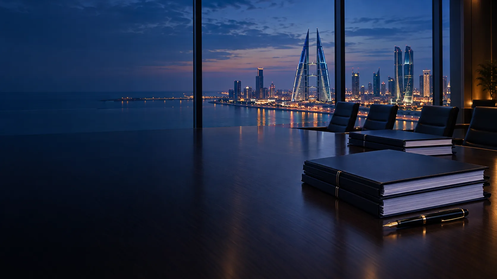 Boardroom at dusk overlooking the Manama skyline, with bound transaction documents on the table